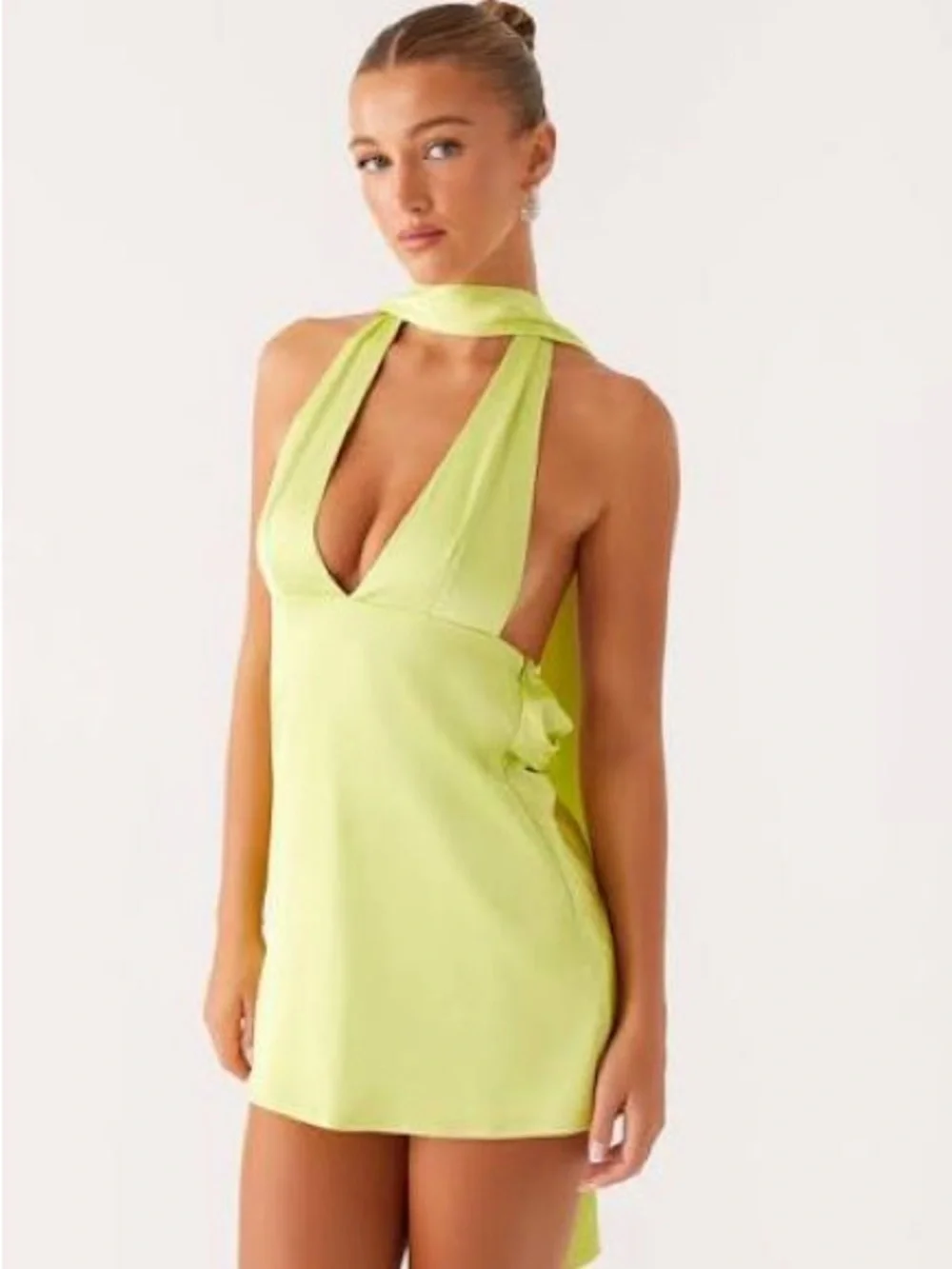 Peppermayo Alicia Satin Halter Mini Dress Lime Green NWT